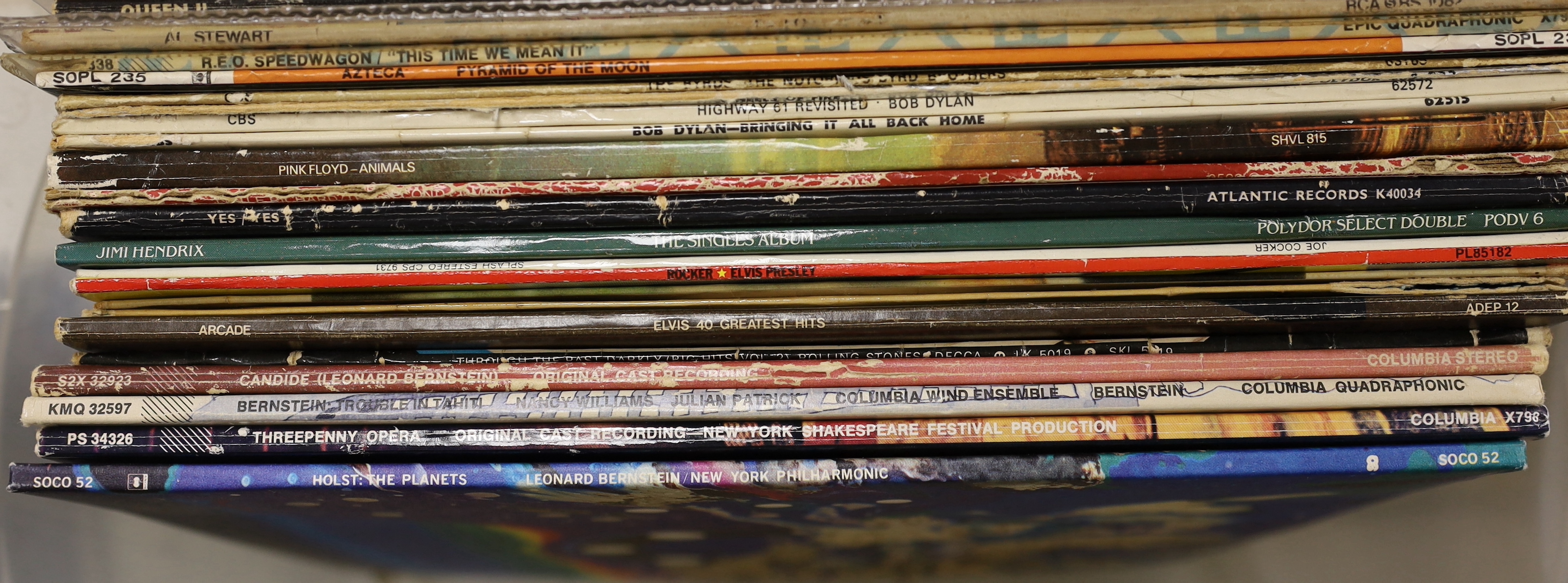 Thirty-six LP record albums, including The Beatles, The Rolling Stones, Pink Floyd, Cream, Jimi Hendrix, Joe Cocker, Elvis Presley, etc. plus six Beatles 7in. singles